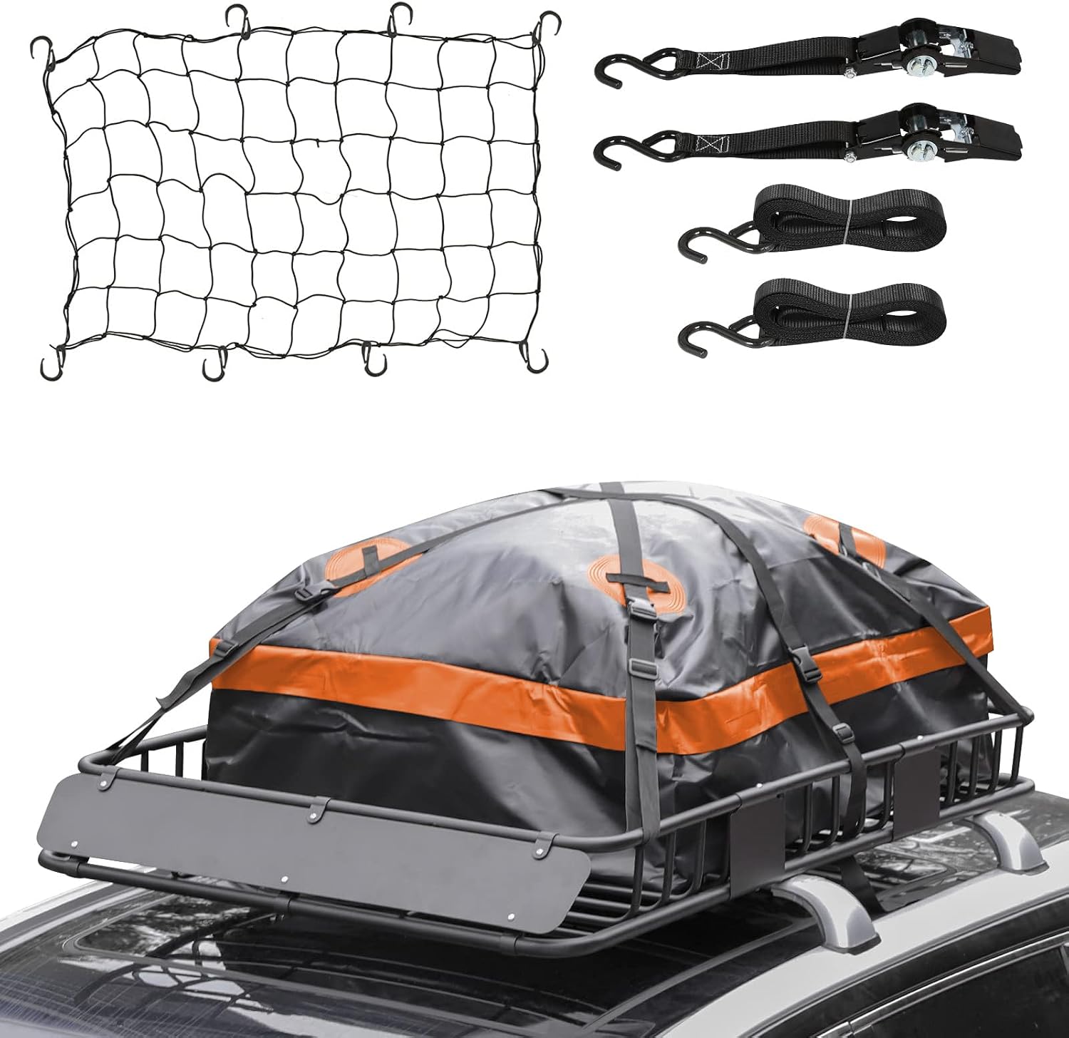 Heavy-Duty Roof Cargo Basket With Waterproof Bag, Cargo Net, And Tie-Down Straps