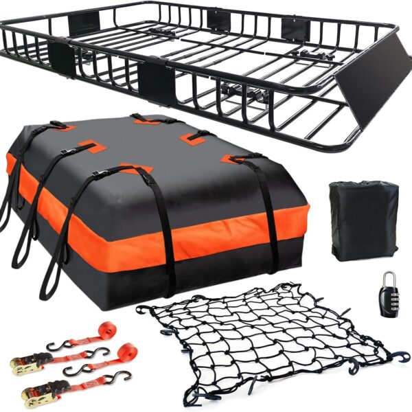 Universal Large-Size Roof Cargo Basket With Waterproof Bag, Cargo Net, And Straps