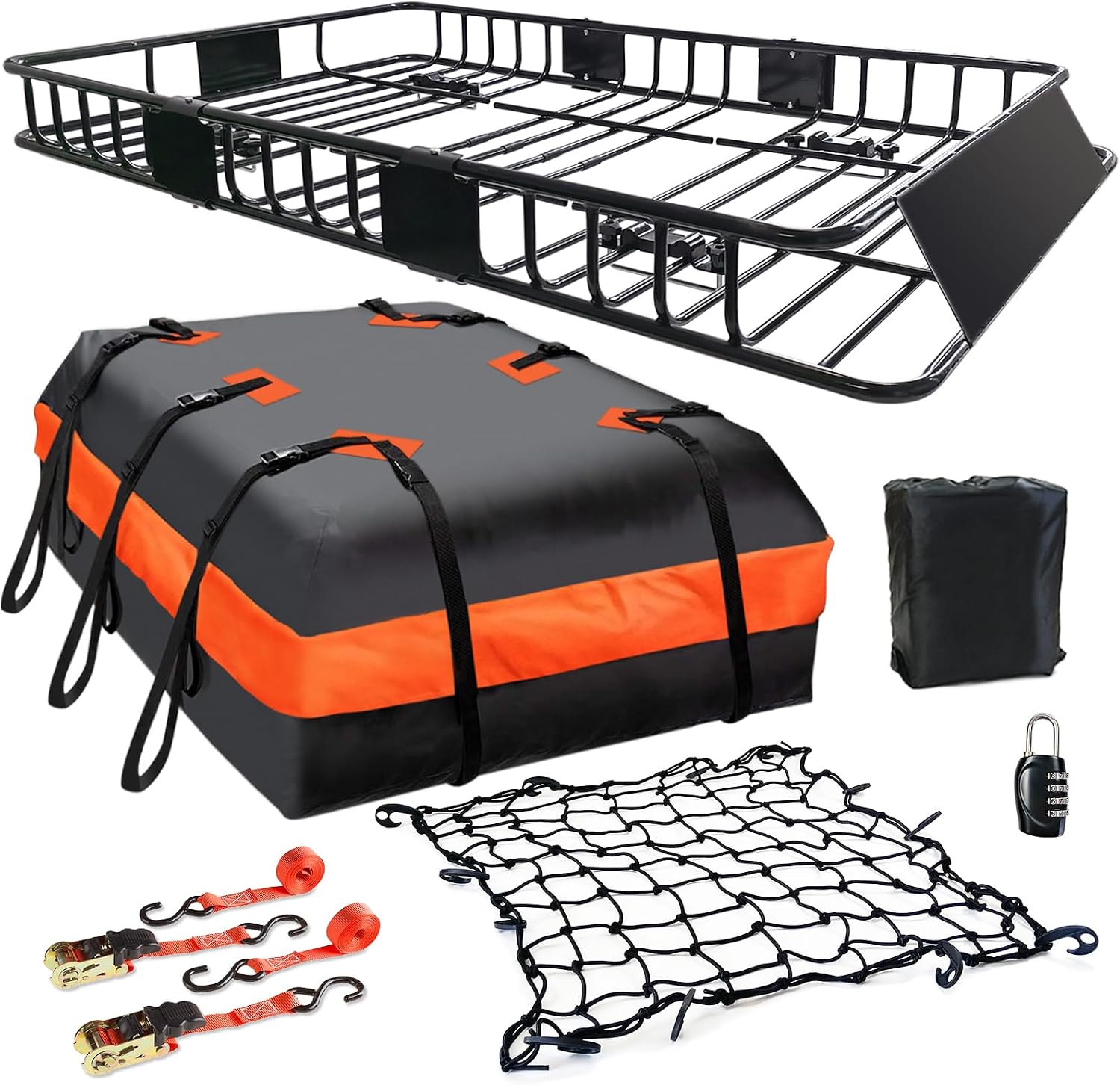 Universal Large-Size Roof Cargo Basket With Waterproof Bag, Cargo Net, And Straps